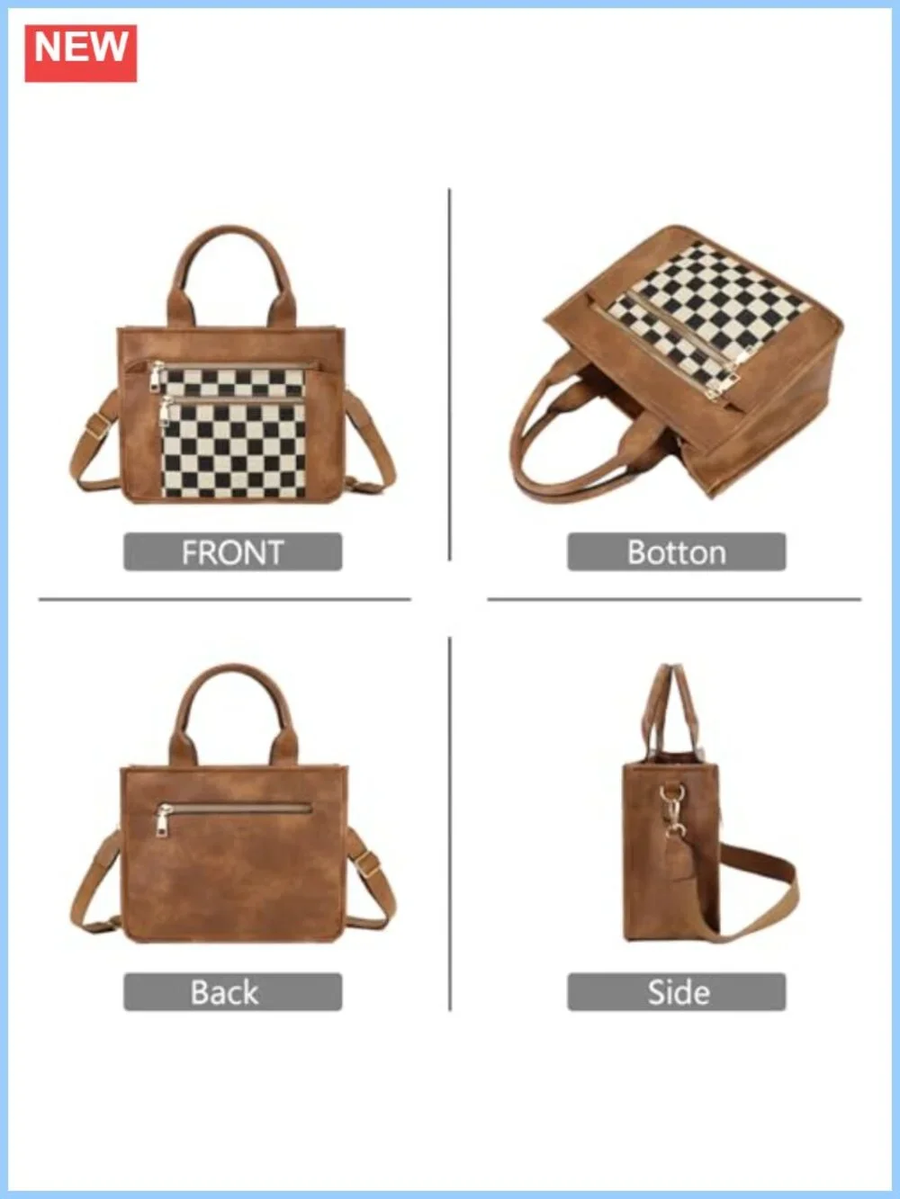 Vegan Leather Checkered Crossbody Bag with Adjustable Strap